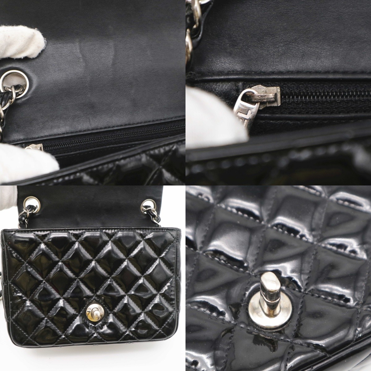 Chanel Black Mini Classic Square Flap Bag Silver Hardware Patent Leather