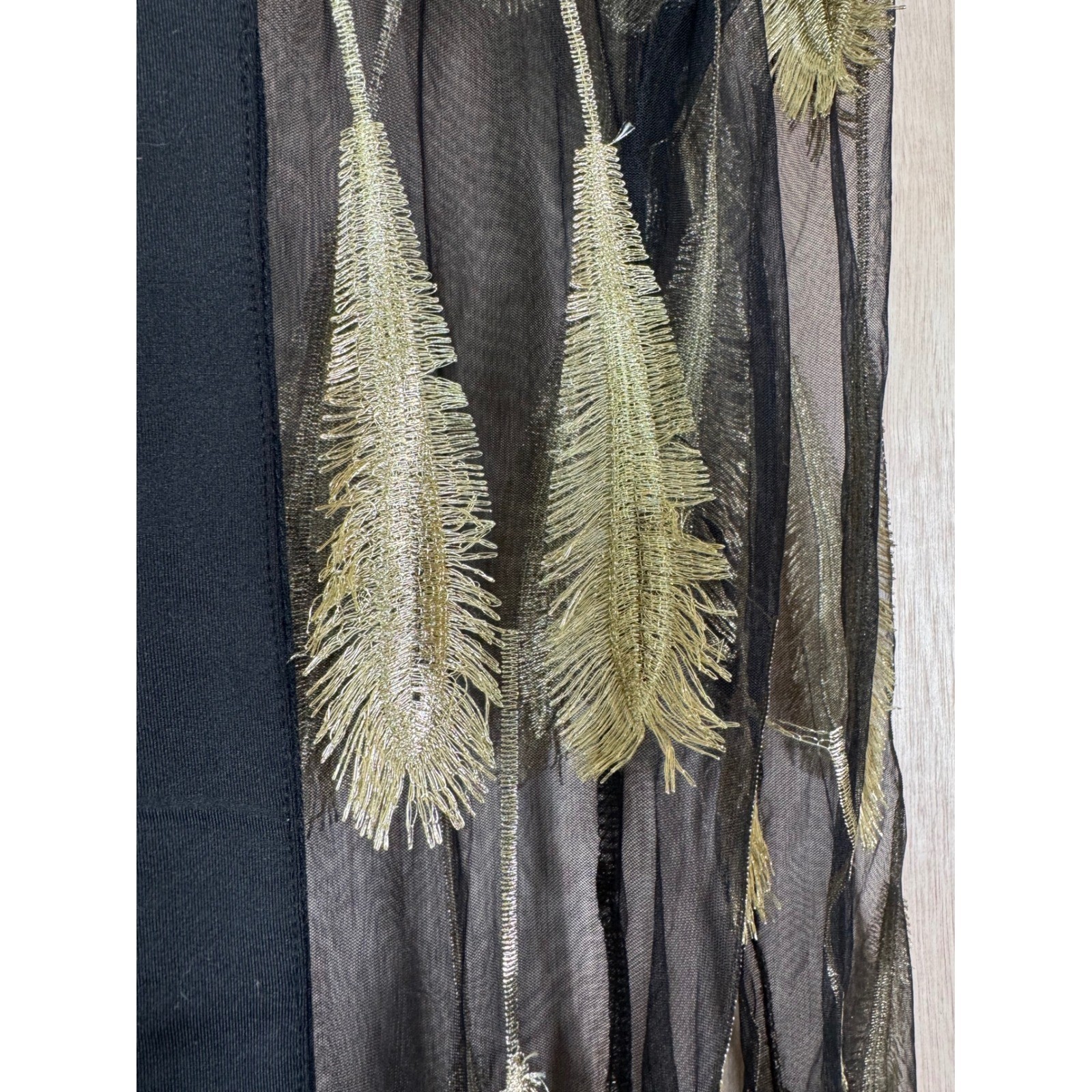 Banjul Black Sheer Gold Thread Textured Feather Design Duster Jacket Women OS