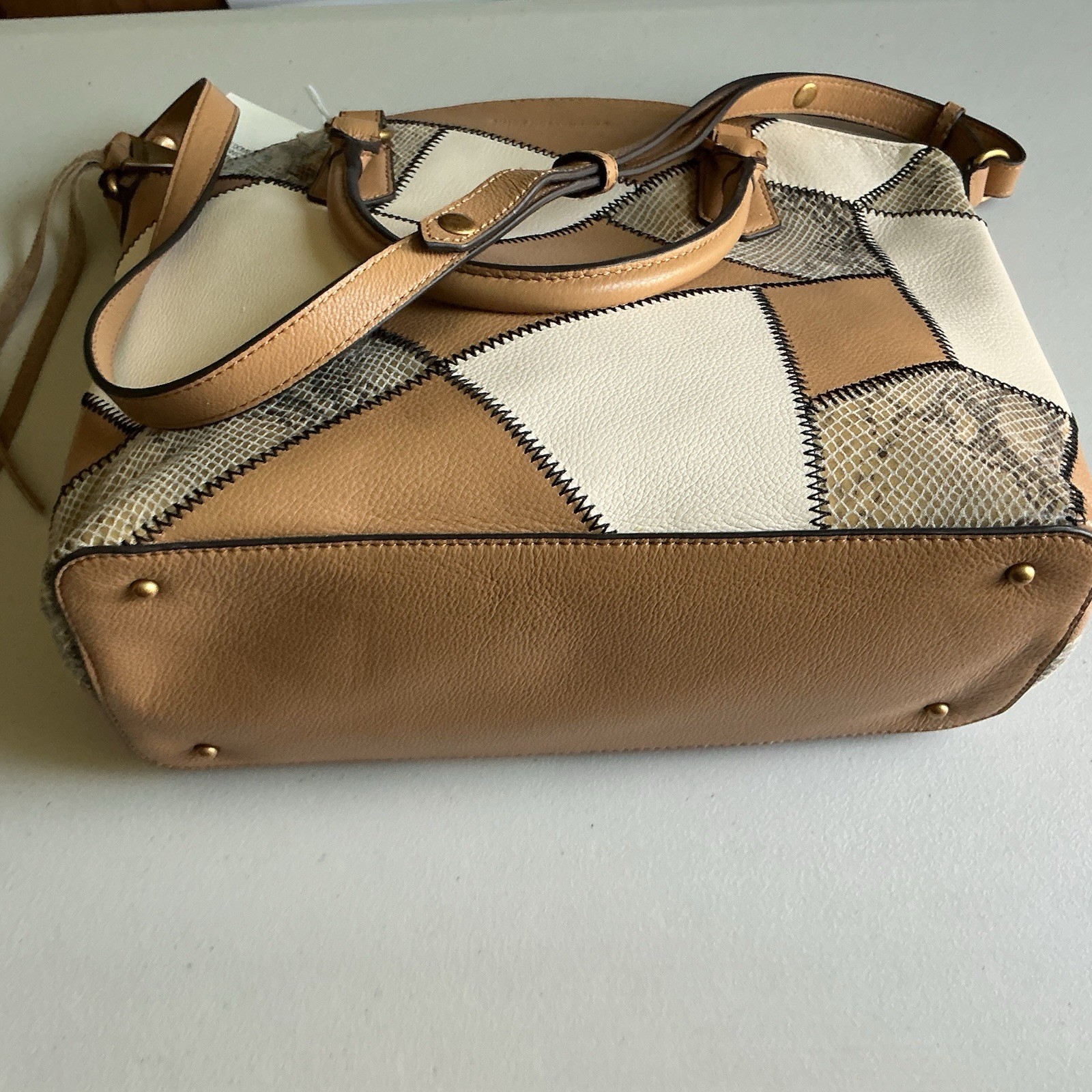 NWT Aimee Kestenberg Cream Tan Snake-Print Stitching Convertible Satchel MNF$248