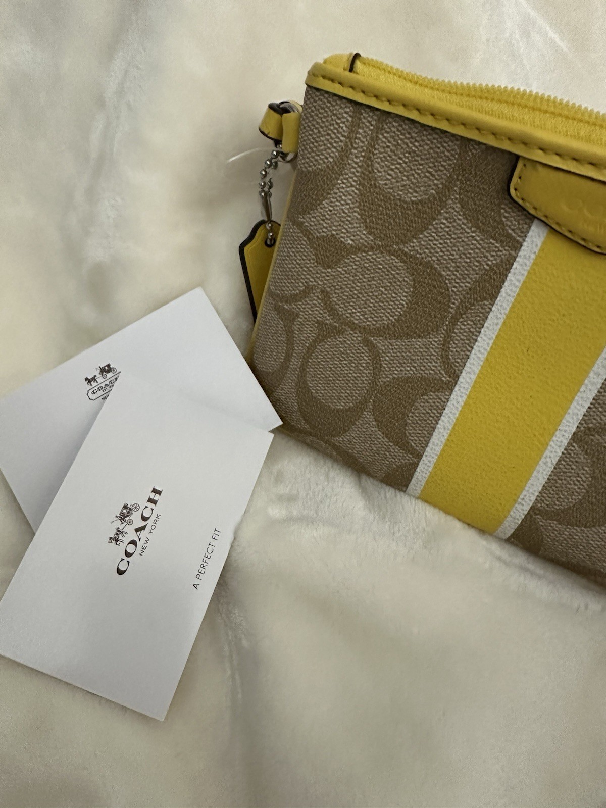 NWT Coach Signature Canvas Light khaki And Yellow Wristlet, Corner zip