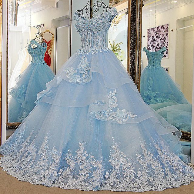 Sky Blue Ruffles Wedding Dresses Lace Appliques Tulle A Line Bridal Gowns