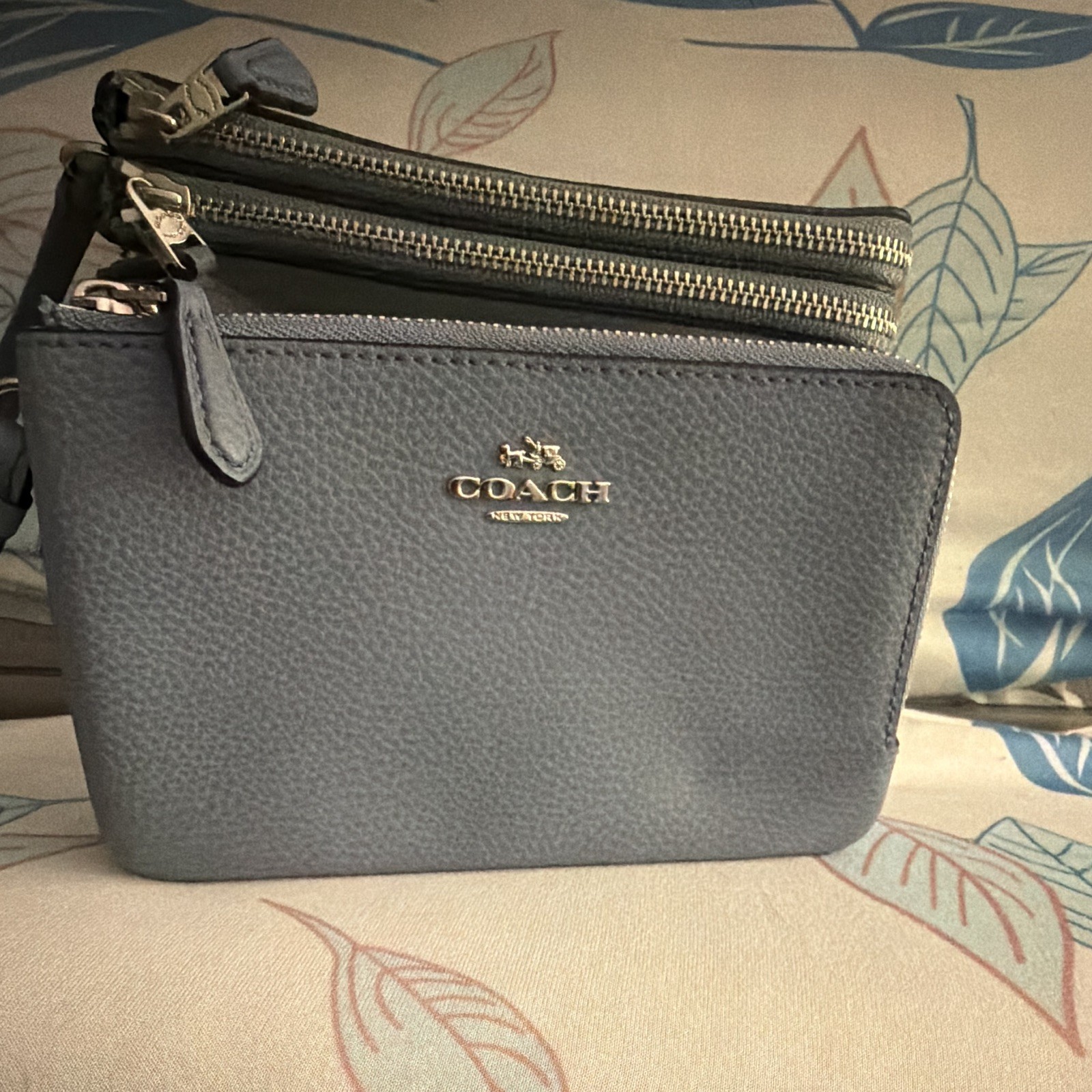 Coach Blue Pebbled Zip Wristlet Pouch w/ Wrist Strap, Silver Hardware