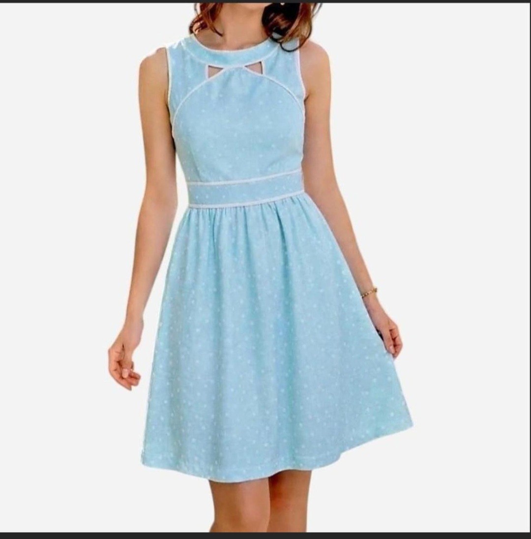 Kaari Blue Retro Blue/White Polka Dot Sleeveless Lined Linen Sundress 2