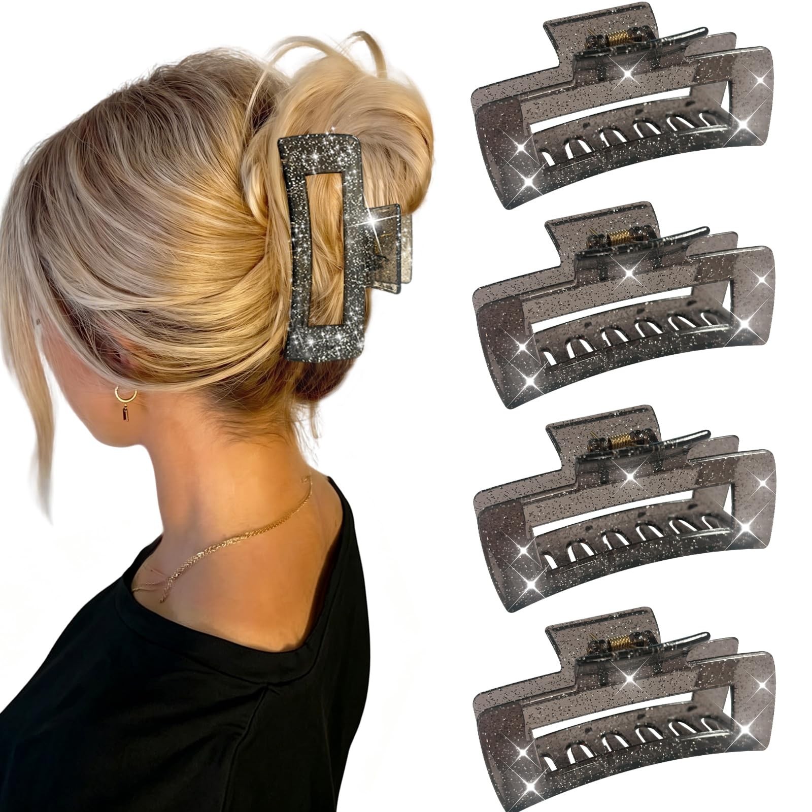 SEMATA 4Pcs Black Large Hair Claw Clips for Thick Thin Hair for Women | Glitt…