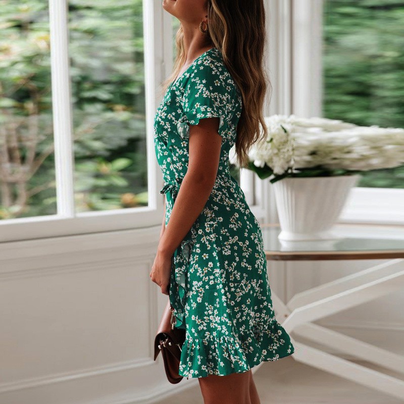 Womens Floral V-Neck Wrap Dress Flutter Sleeve A-Line Summer Midi Casual Beach