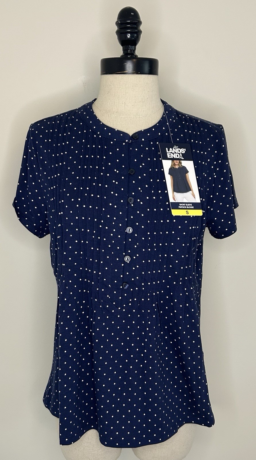 LANDS’ END Navy Blue Polka Dot Pintuck Jersey Button Top Tee #1859436 Womens S