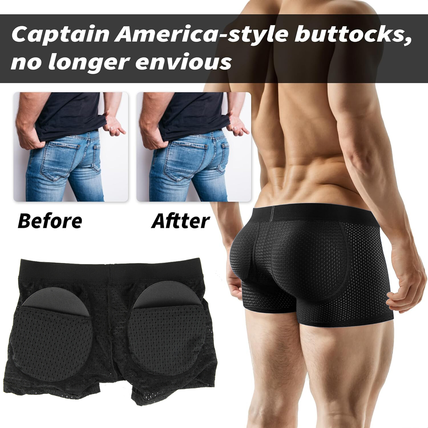 Mens Padded Underwear Briefs Boxers Butt Lifter Hip Enhancer Shorts Pants Shaper