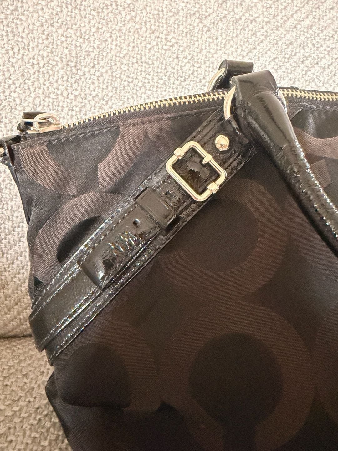 Coach Madison Black Signature Op Art Sophia Satchel with Patent Leather Trim