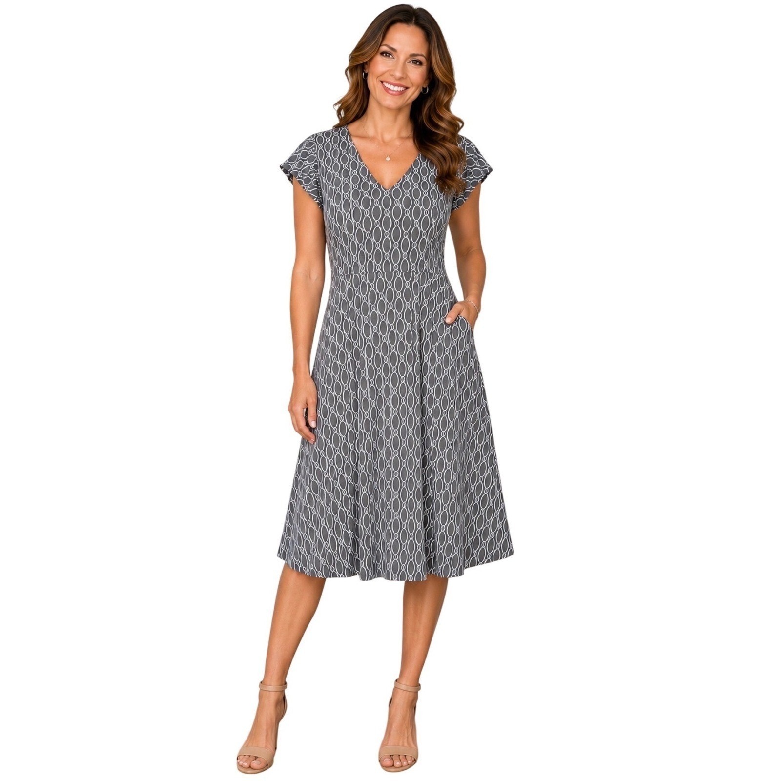 Ann Taylor Factory Gray White Geometric Link Print Flutter Sleeve Midi Dress XL