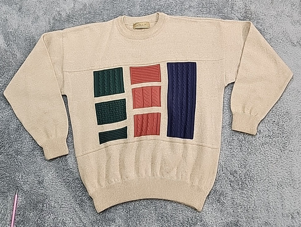 KALVIN Ireland Knit Sweater Colorblock Cott Blend Pullover XL VTG Retro