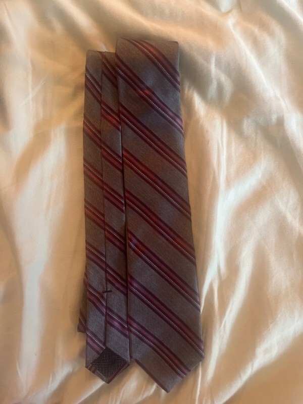 Michael Kors Silk Tie Grey, Burgundy, Dark Maroon & White Dots Stripe 3.25 X 59