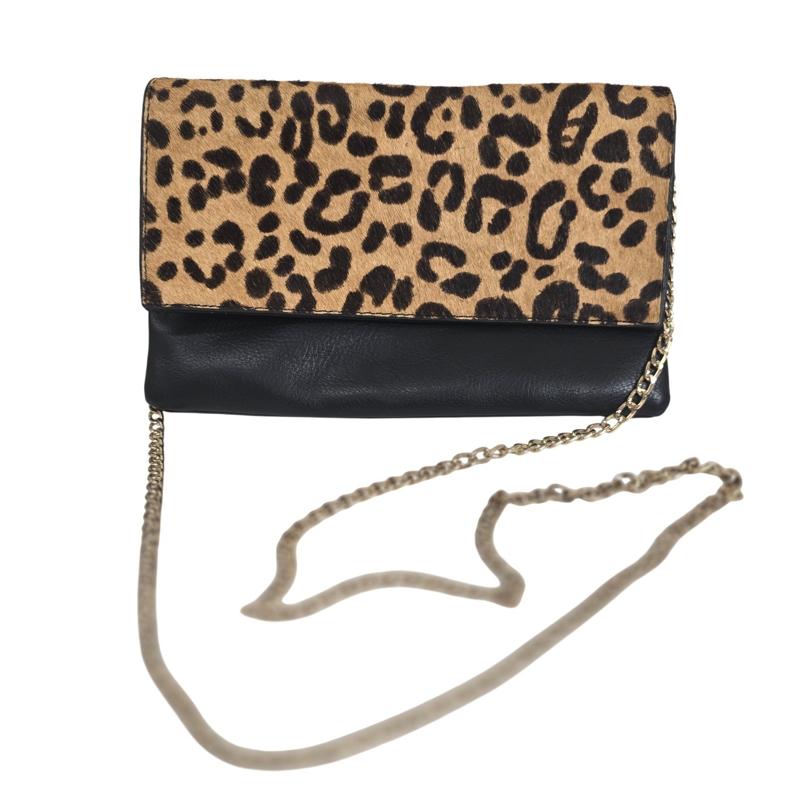 Madison West Calf Hair Leopard Print Crossbody Clutch Bag Black Vegan Leather
