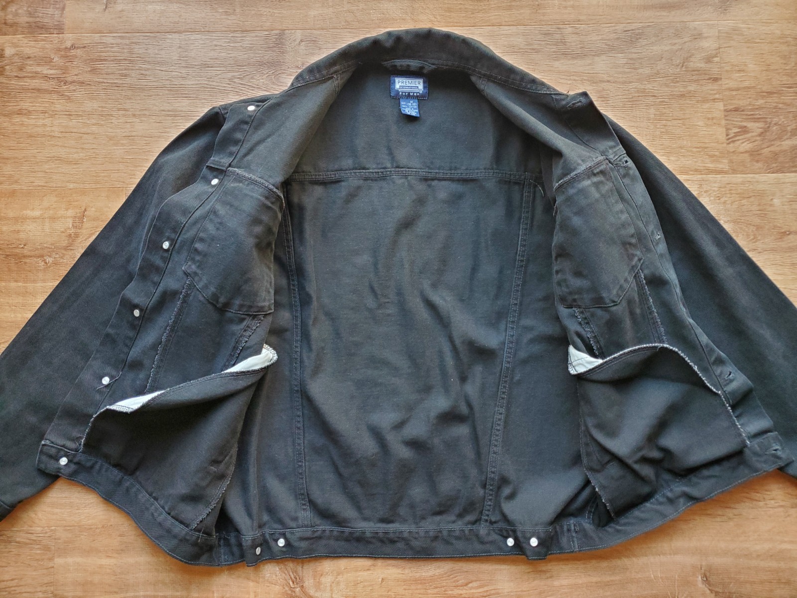 Premier International Jacket Black Denim Collared Buttons Pockets Size Medium