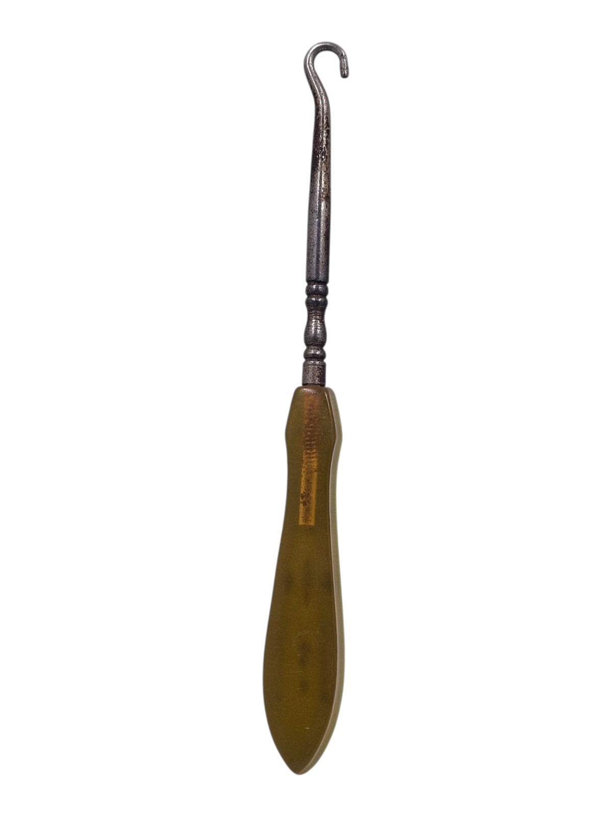 Antique Button Hook Olive Yellow Bakelite Handle Steel Shaft Victorian Shoe Tool