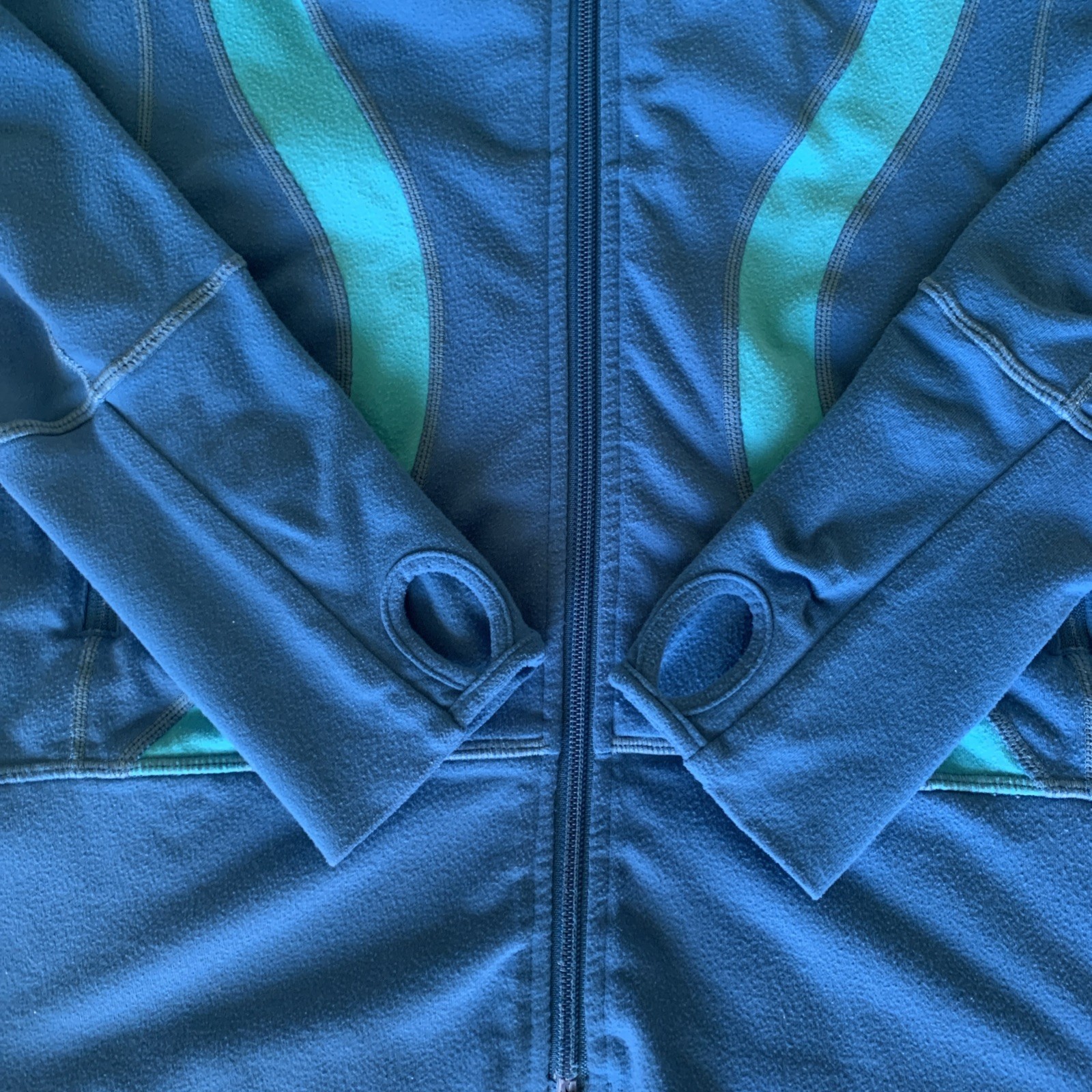 Lululemon Jacket Women Blue Teal Thumb Holes Hood Double Zipper Pockets Size 10?