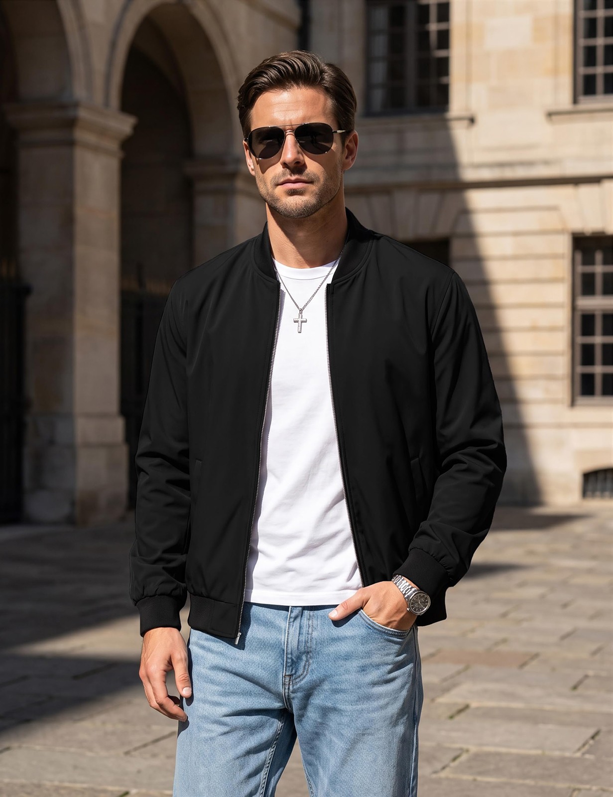 Men’s Spring Fall Thin Bomber Jacket Full-Zip Sportswear Lightweight Casual Coat