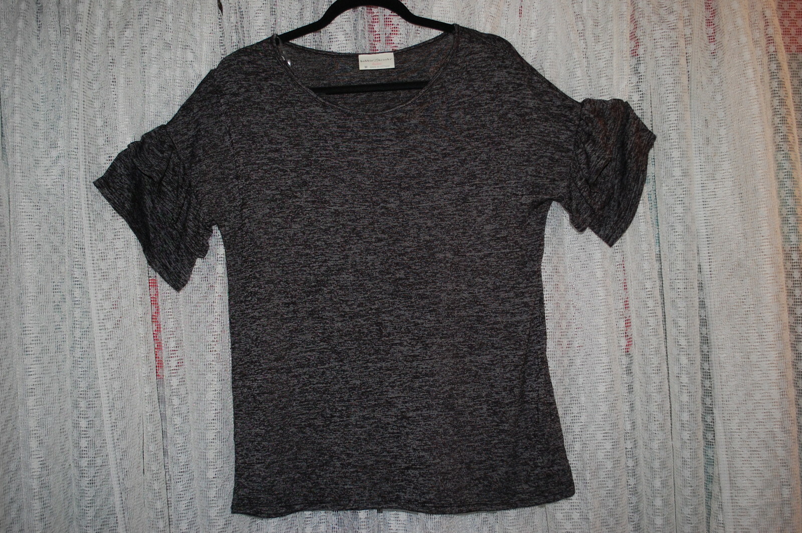 Womens Shirt BLACK GRAY MARLED KNIT TOP Double Ruffle Sleeves S M L XL 1X 2X 3X