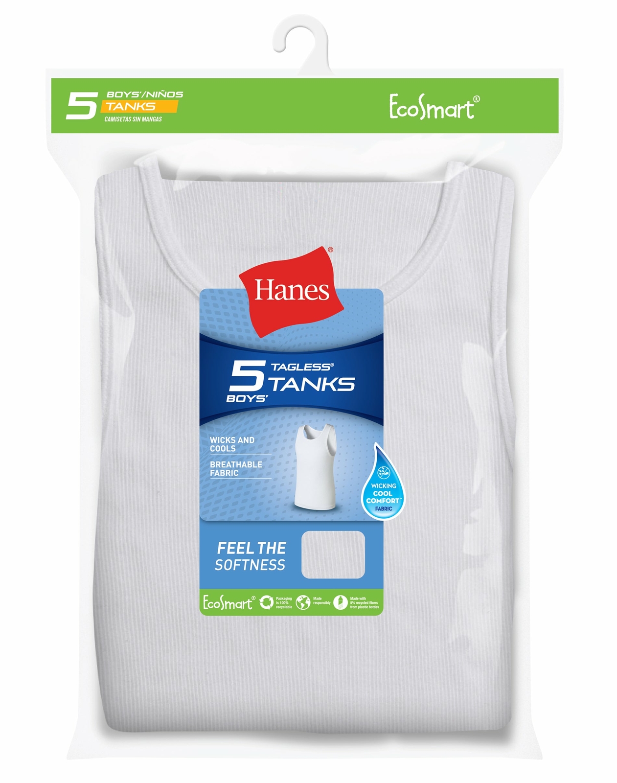 Hanes Boy Tank 5-Pack EcoSmart Undershirt Underwear Breathable Lightweight XS-XL