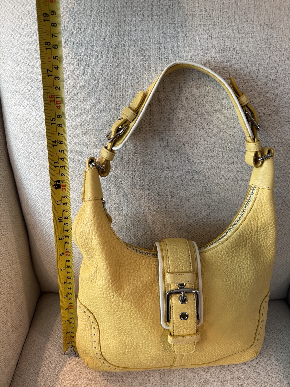 Coach Yellow Pebbled Shoulder Bag Zip Top, Silver Hardware, Buckle Accent