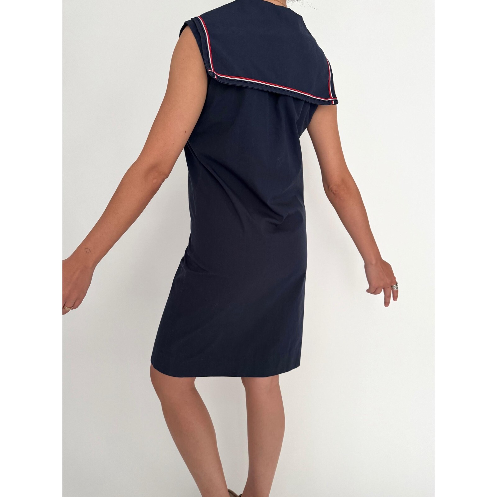 70s vintage navy blue nautical sailor collar retro pinup sleeveless midi dress
