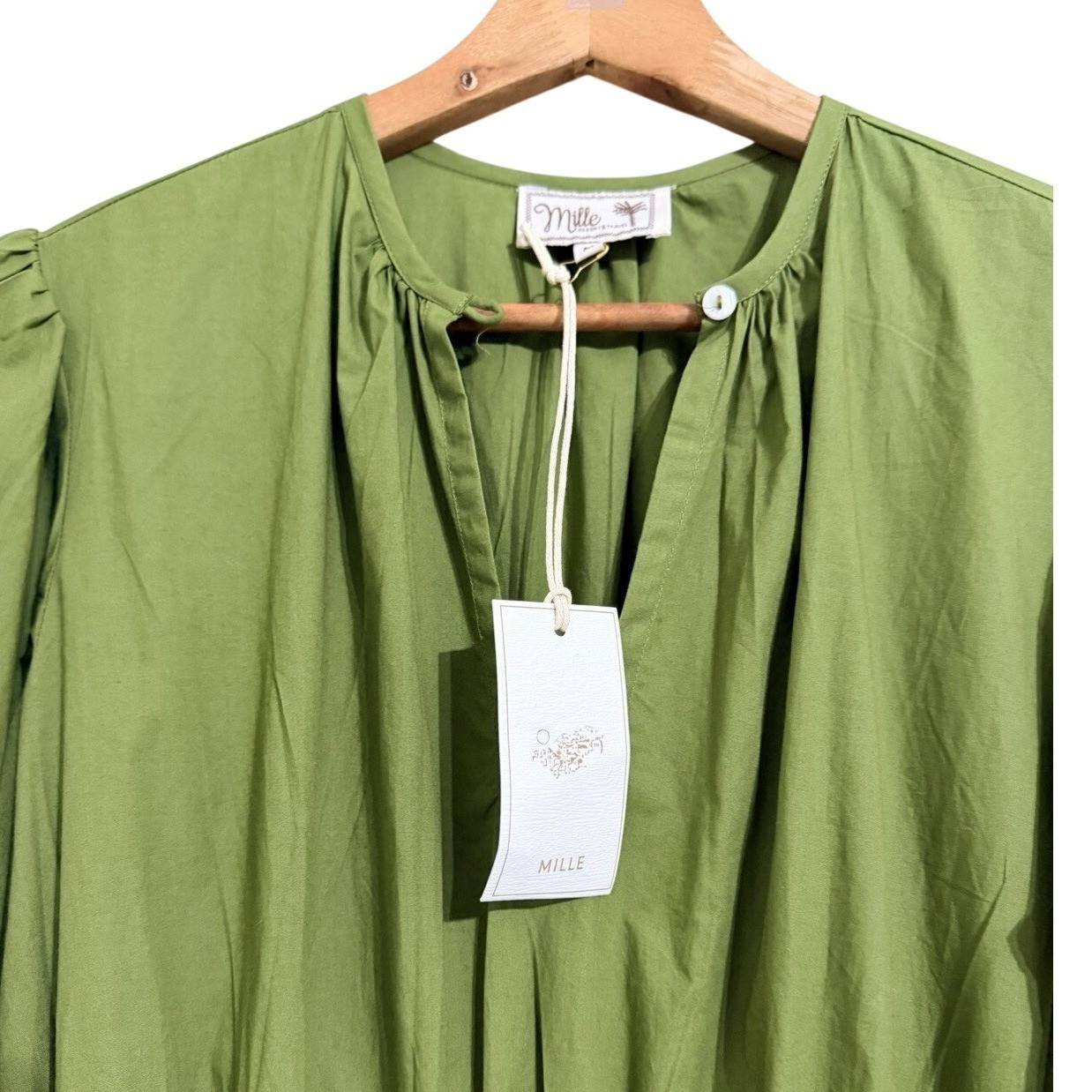 Mille Resort & Travel Saffron Midi Dress M Women Green Olive Puff Sleeve Cotton