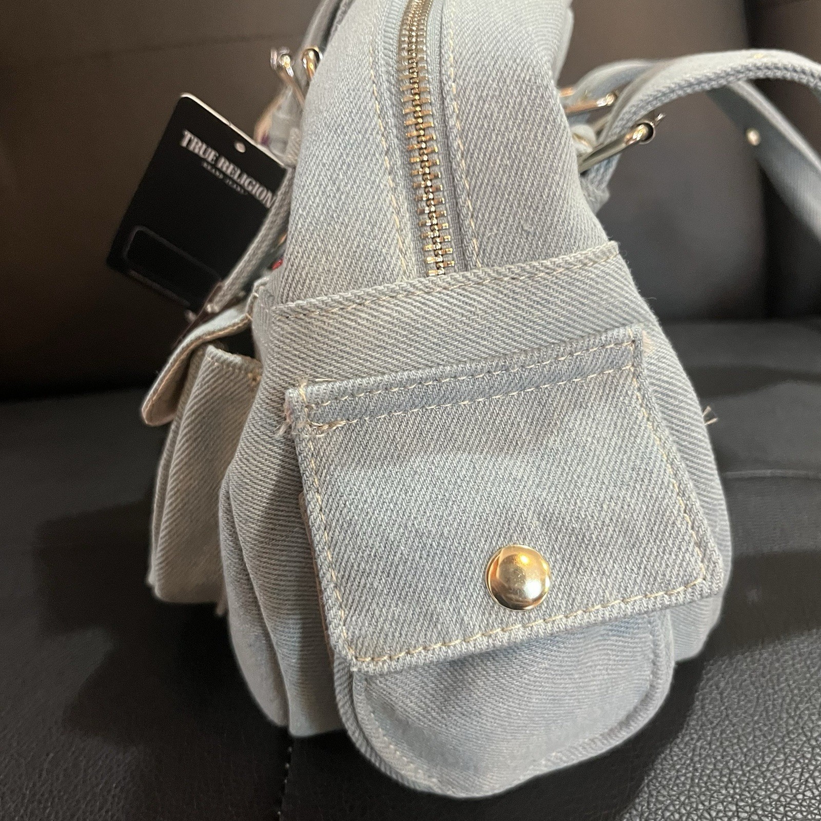 True Religion Light Blue Logo Satchel Top Handle Zip/Snap Gold Hardware Charm