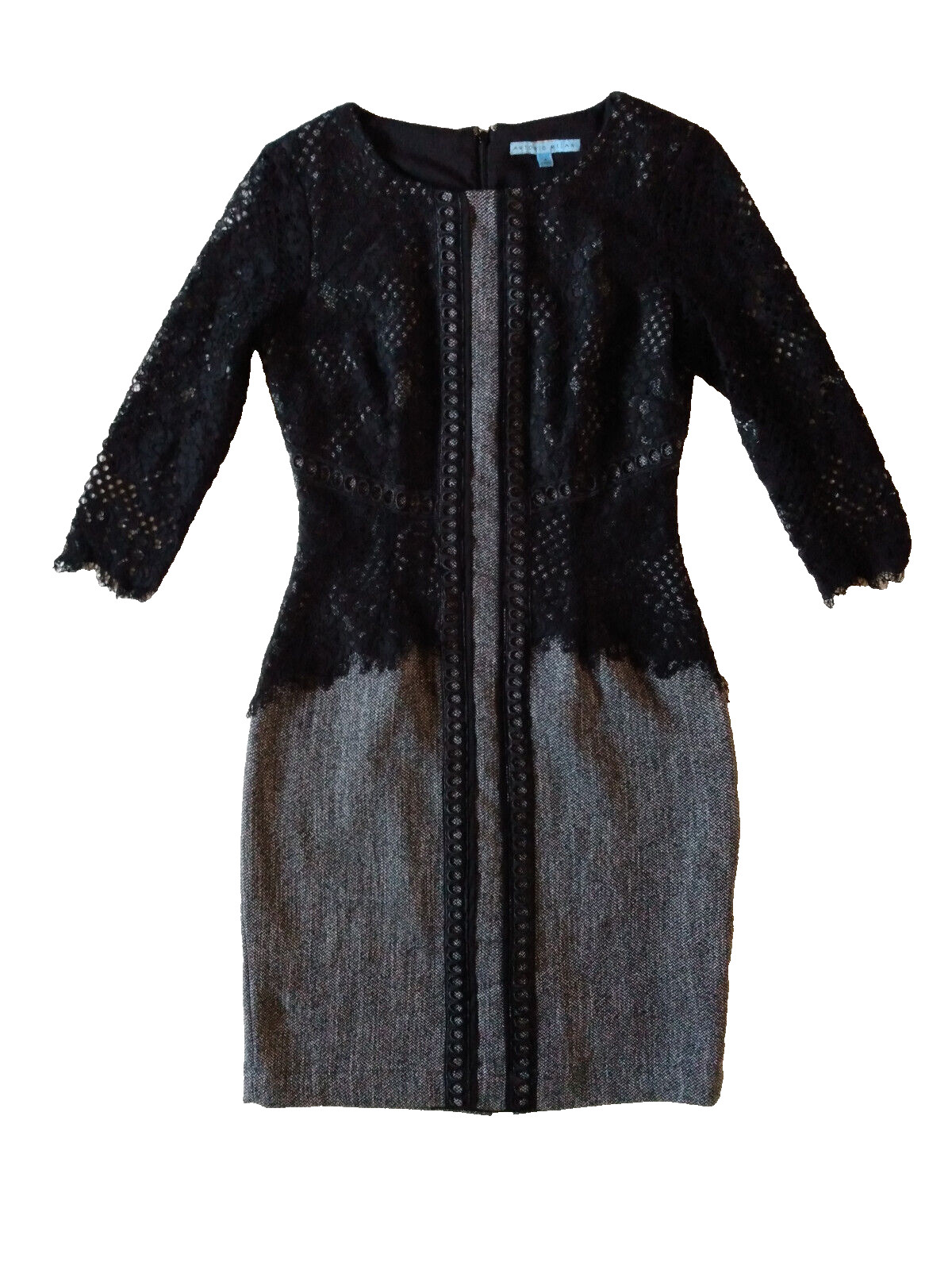 Antonio Melani Dress Size 4 Black Lace 3/4 Sleeve Sheath Above-Knee Zip Back