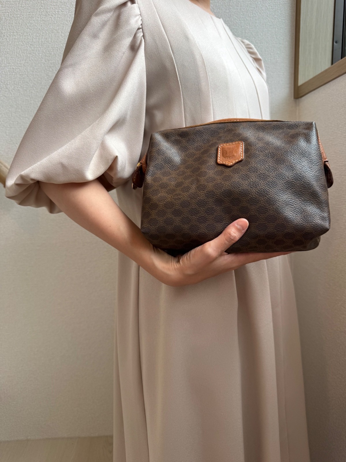 CELINE Macadam PVC Leather Cosmetic Pouch Vanity Brown Gold Auth