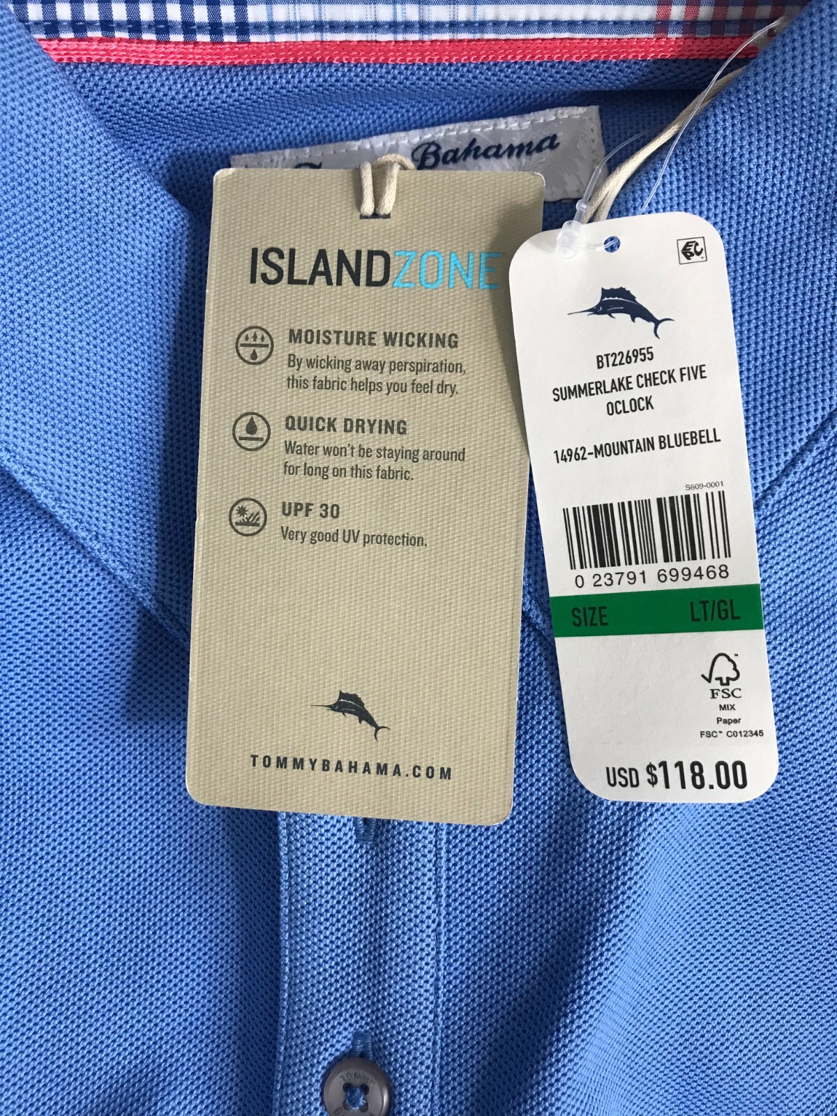Tommy Bahama BT Men’s Size LT Bluebell Summer Lake Check Five Oclock Golf Polo