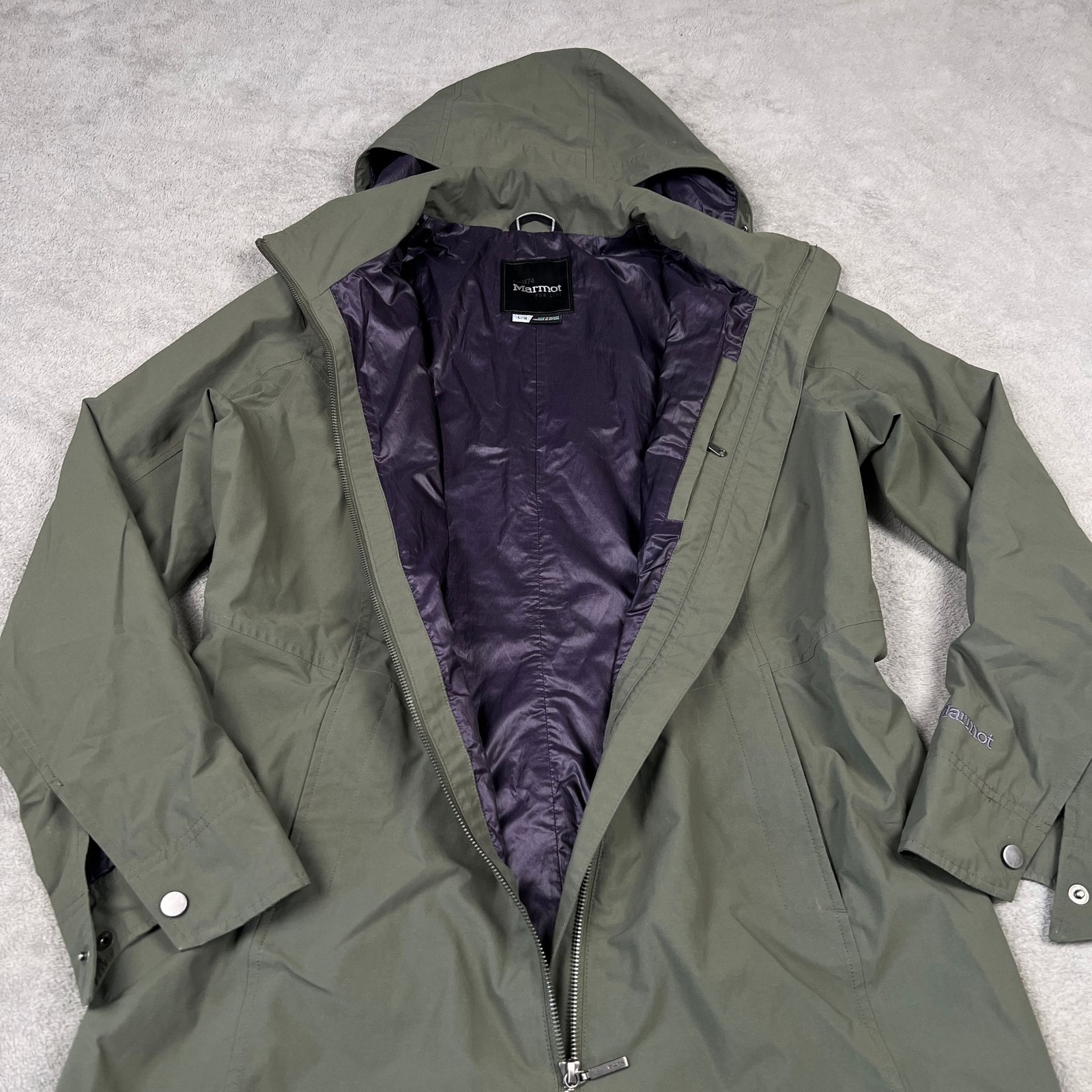 Marmot Jacket Womens L Hooded Waterproof Raincoat Green Fully Lined Zipper Shell