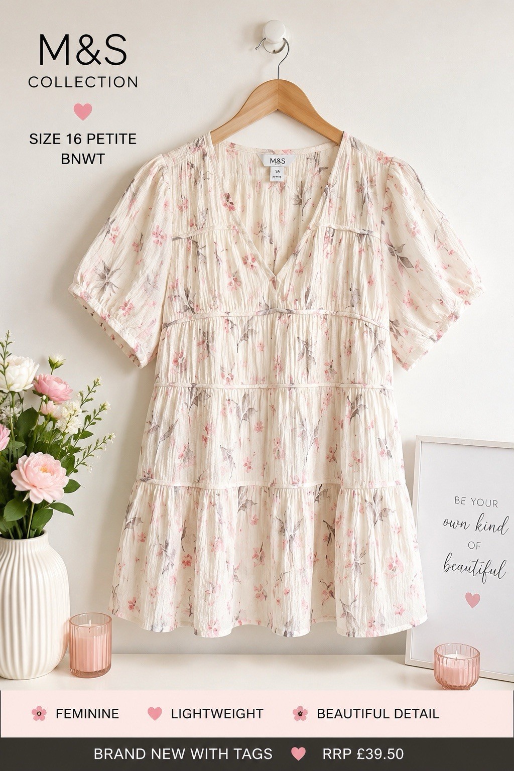 Dress Marks & Spencer Size 16 Petite Floral Knee Length Puff Sleeve Lined Bnwt