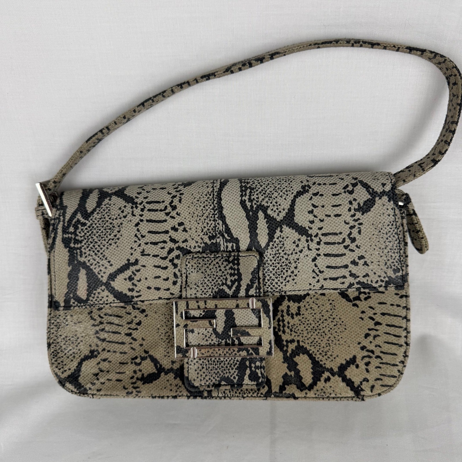 Unbranded Faux Snakeskin Baguette Shoulder Bag Python Print Silver FF Buckle