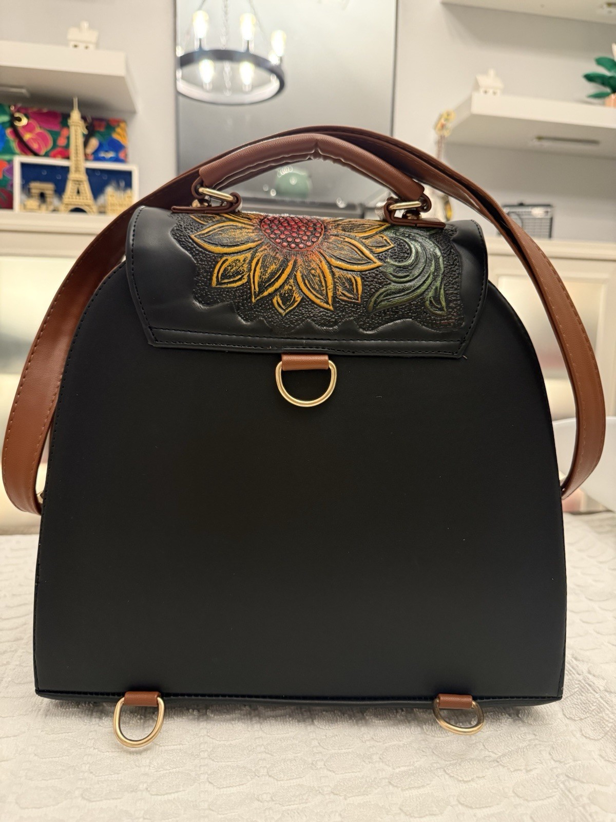 UB Black/Brown Sunflower Satchel Top Handle, Detachable Strap, Tassel Zip