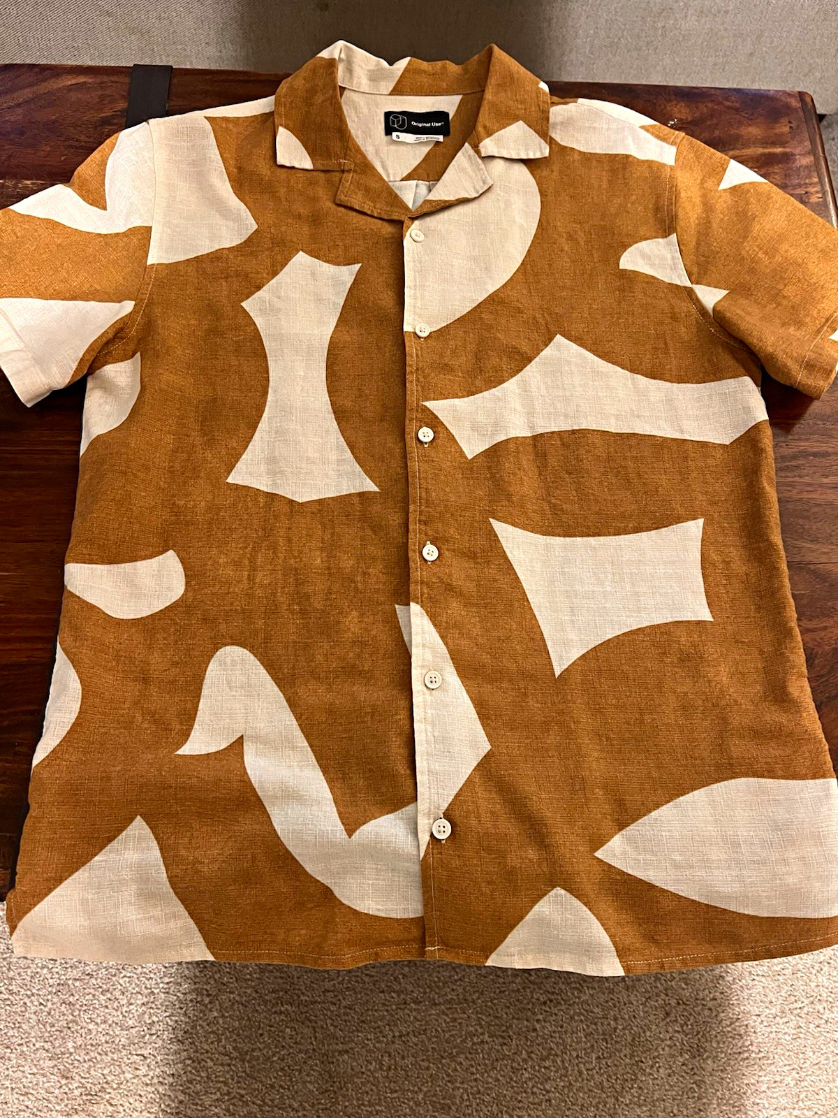 Original Use Men’s S Brown/White Abstract Linen Short Sleeve Button-Up Shirt