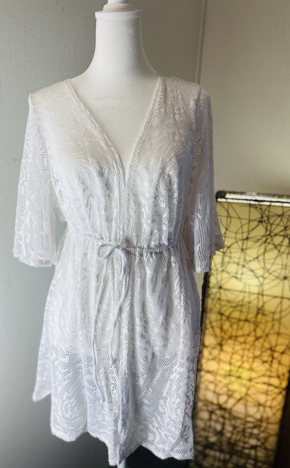 Catalina Women’s White Lace V-Neck 3/4 Sleeve Tie Waist Cover-Up, 1X (16W)