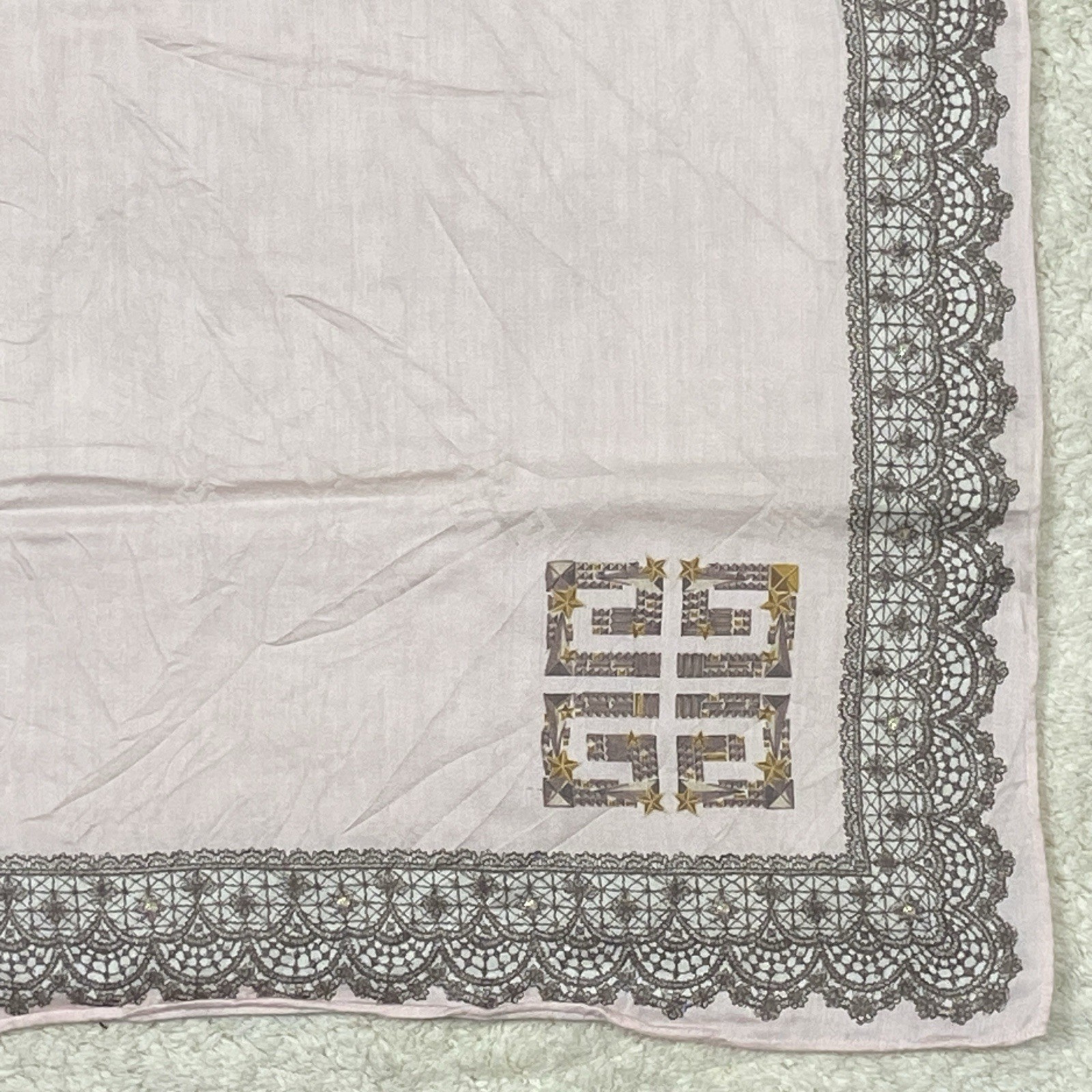 Givenchy Pocket Square Cotton Lace Border Pink Handkerchief 22“X22”