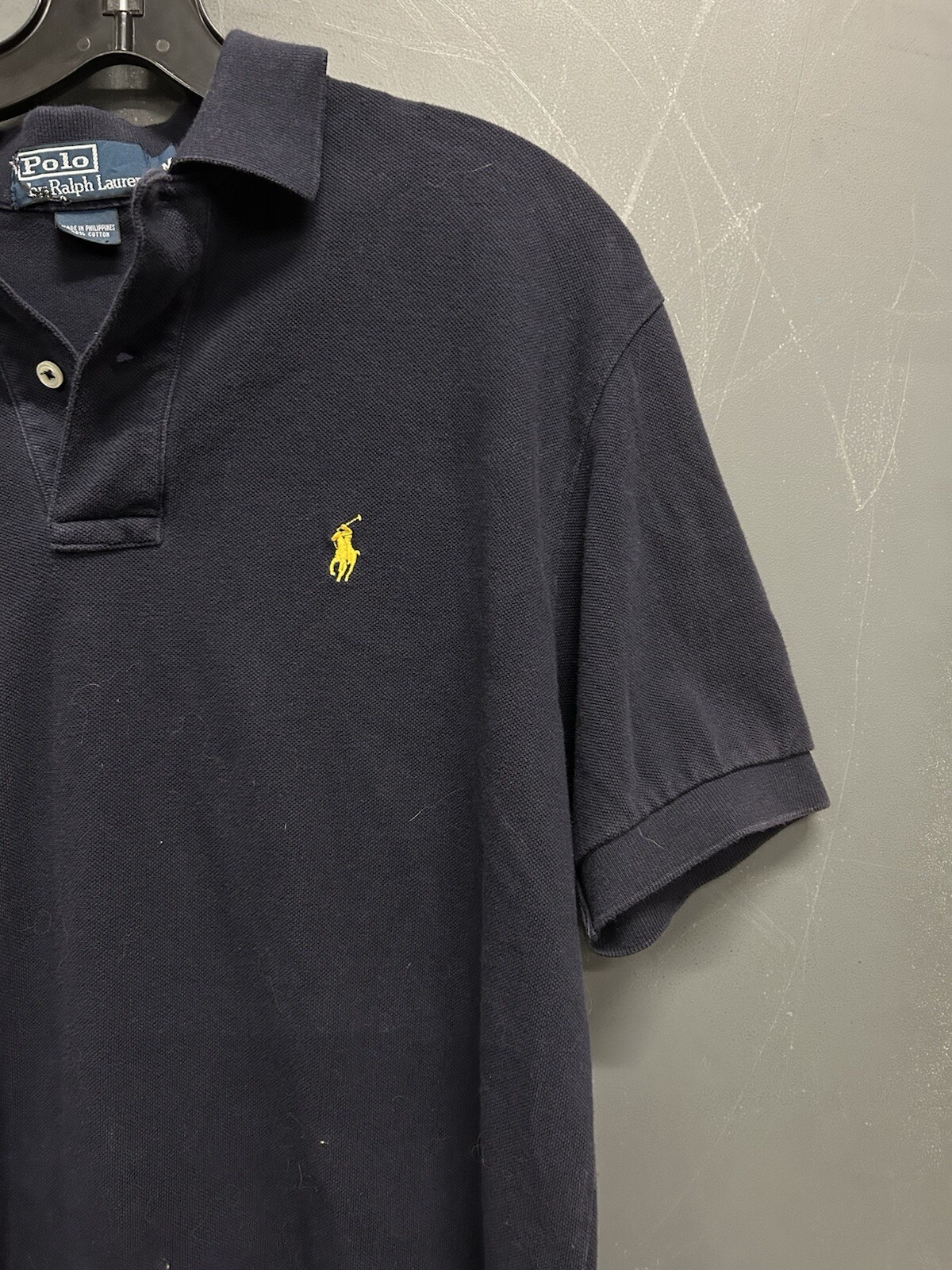 Men’s Navy Polo Ralph Lauren Half Button Collared T-Shirt Yellow Logo Size M