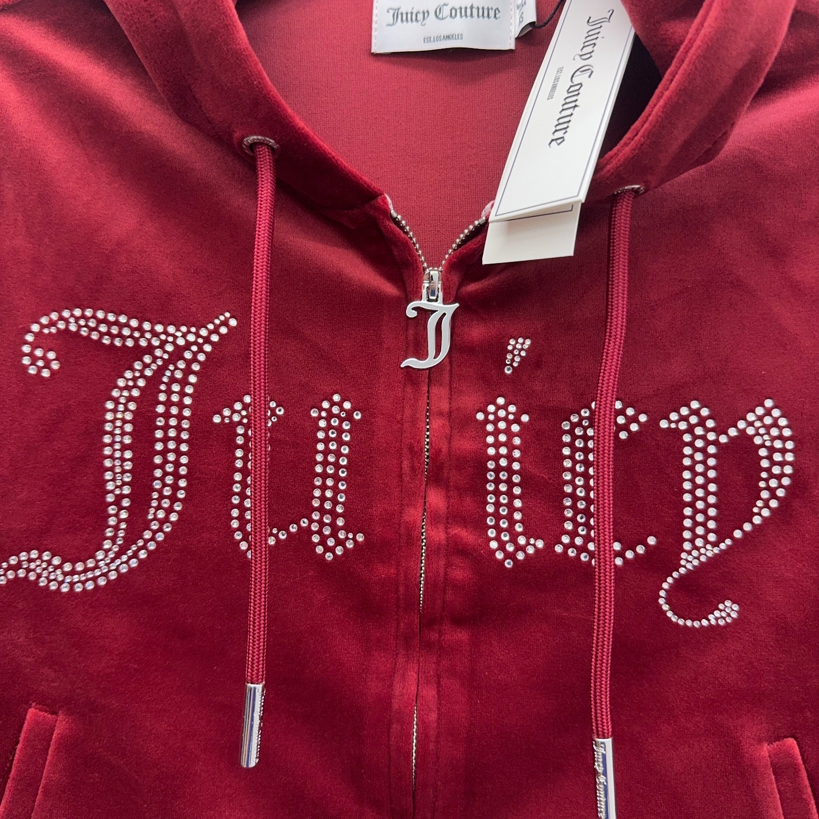 Juicy Couture Red Velour Bling Front Full Zip Hoodie Women’s Size XS NEW