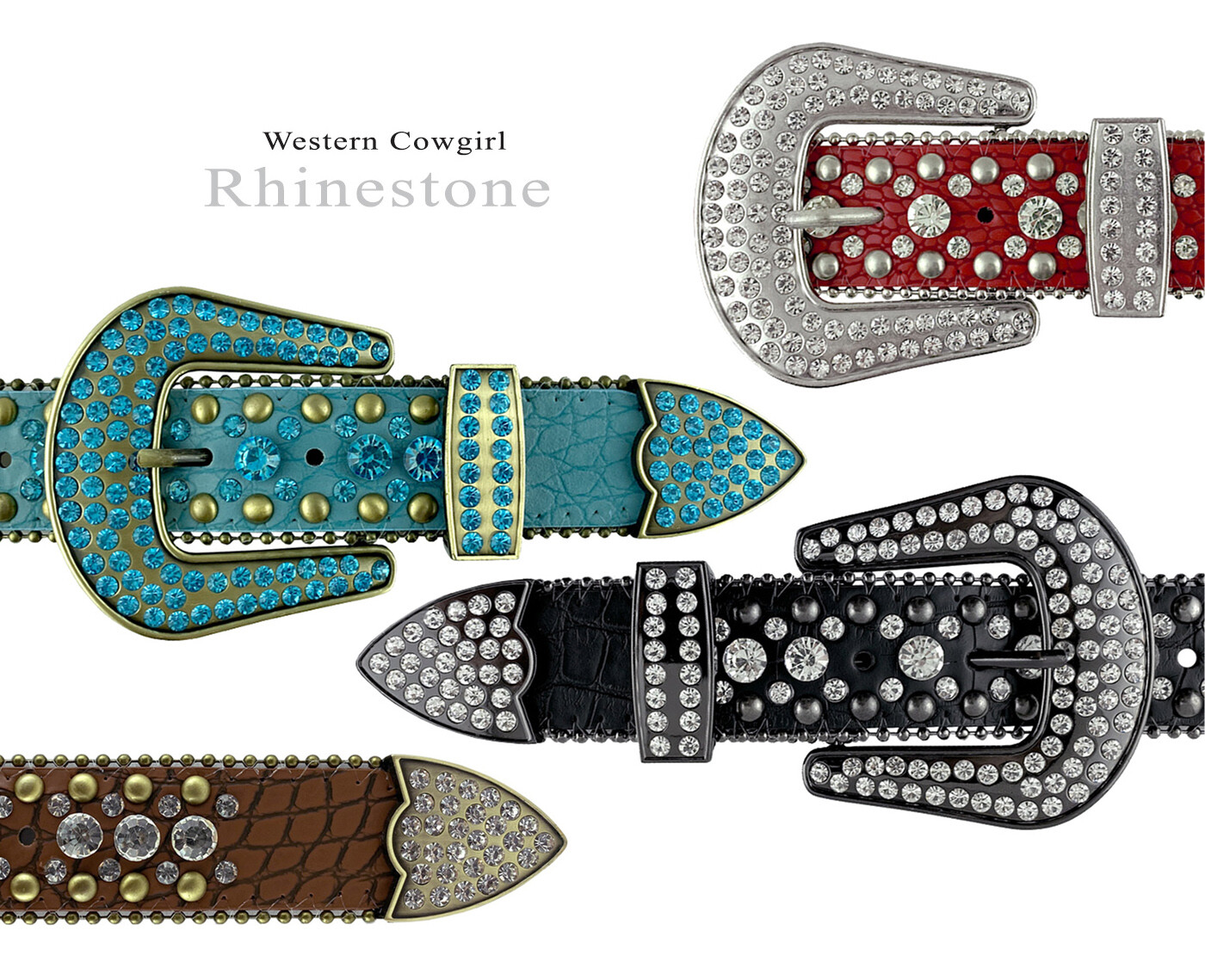 Rhinestone Western Cowgirl Bling Studded Design Leather Belt 1-1/2″ (38mm) wide
