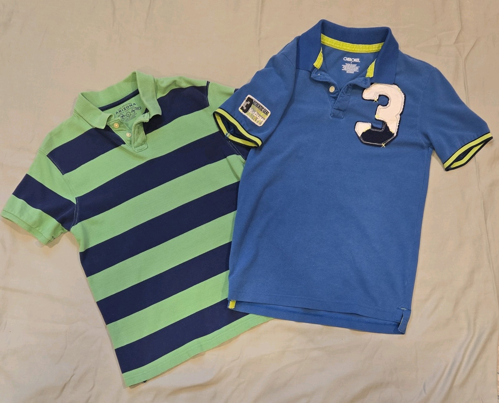 Cherokee/Arizona Jean Co Boys Polo Shirt Lot 2 L Blue Logo 3 Patch Striped