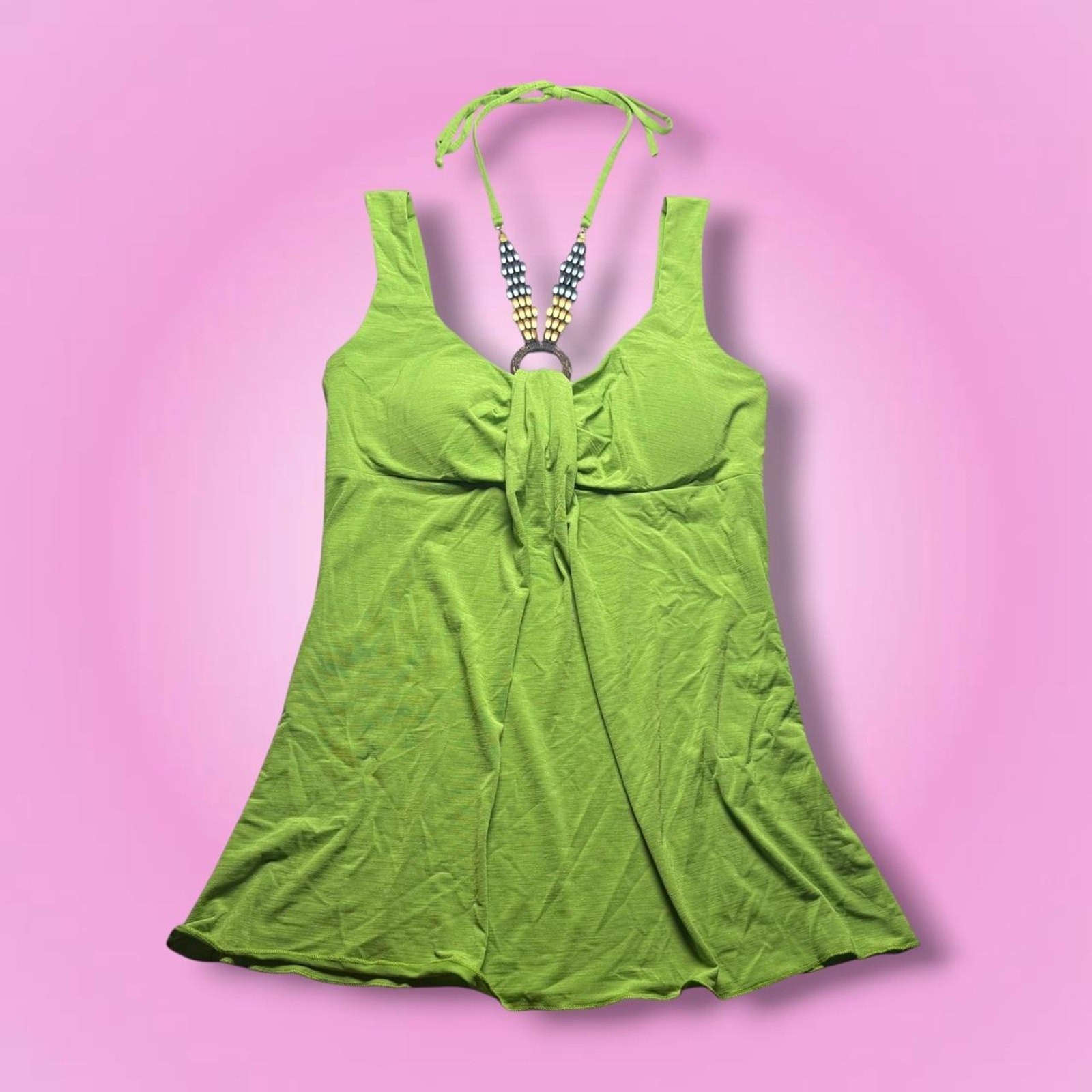 Y2K B Wear Lime Green Beaded Ruched Halter Babydoll Tank Top