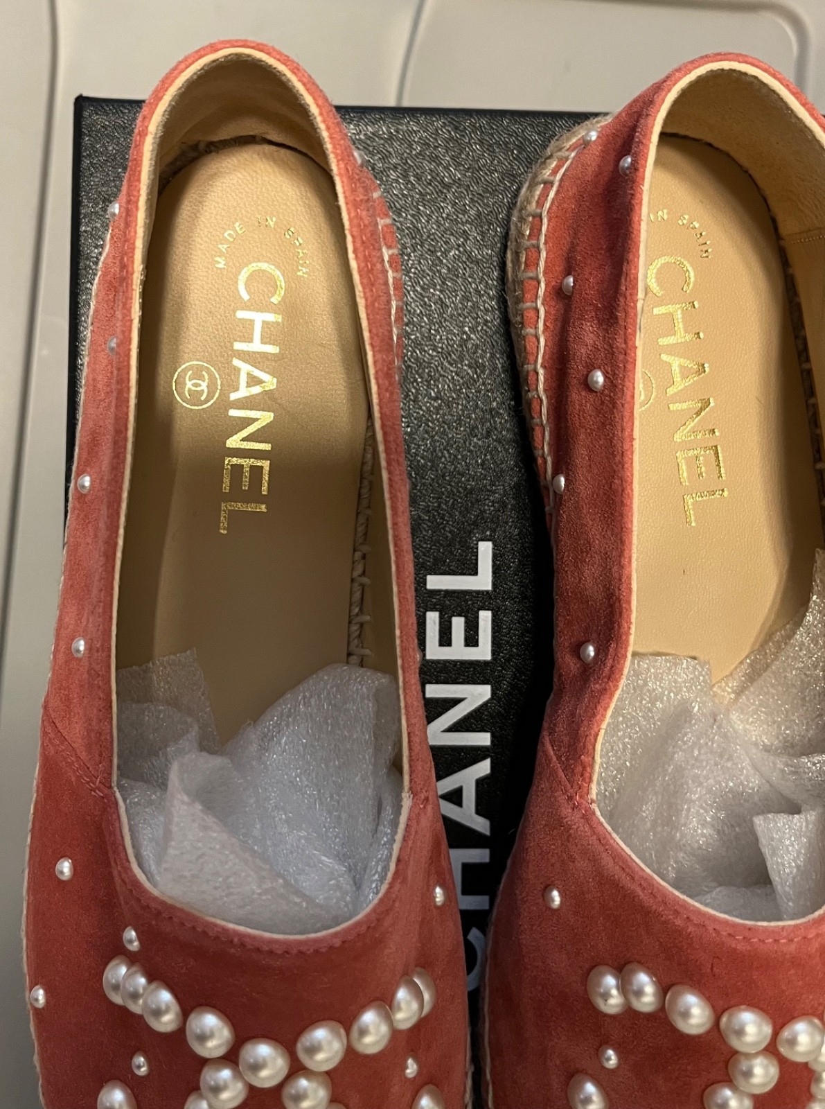 Chanel Espadrilles Pink and Black Suede with Pearl CC- Authentic New in Box