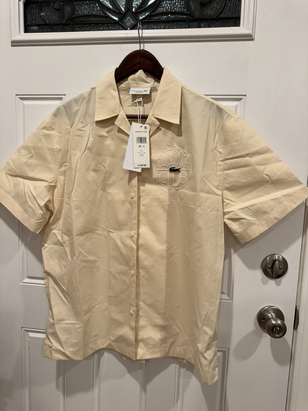 Lacoste Men’s Beige Solid Relaxed Fit Short Sleeve Button-Up Shirt S CH4614