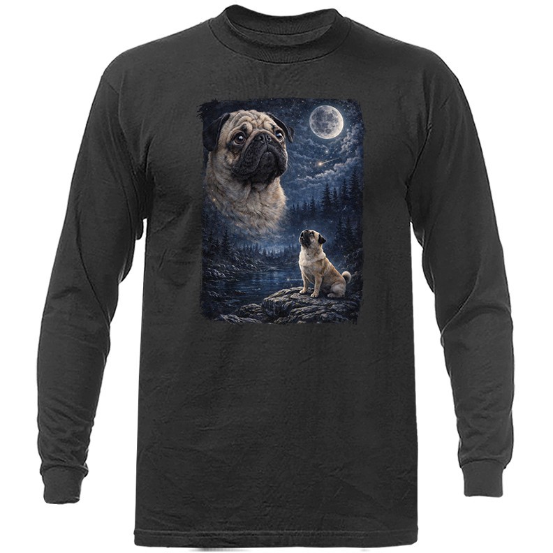 Pug Howling at Moon Night Forest Dog Waterfall Long Sleeve shirt