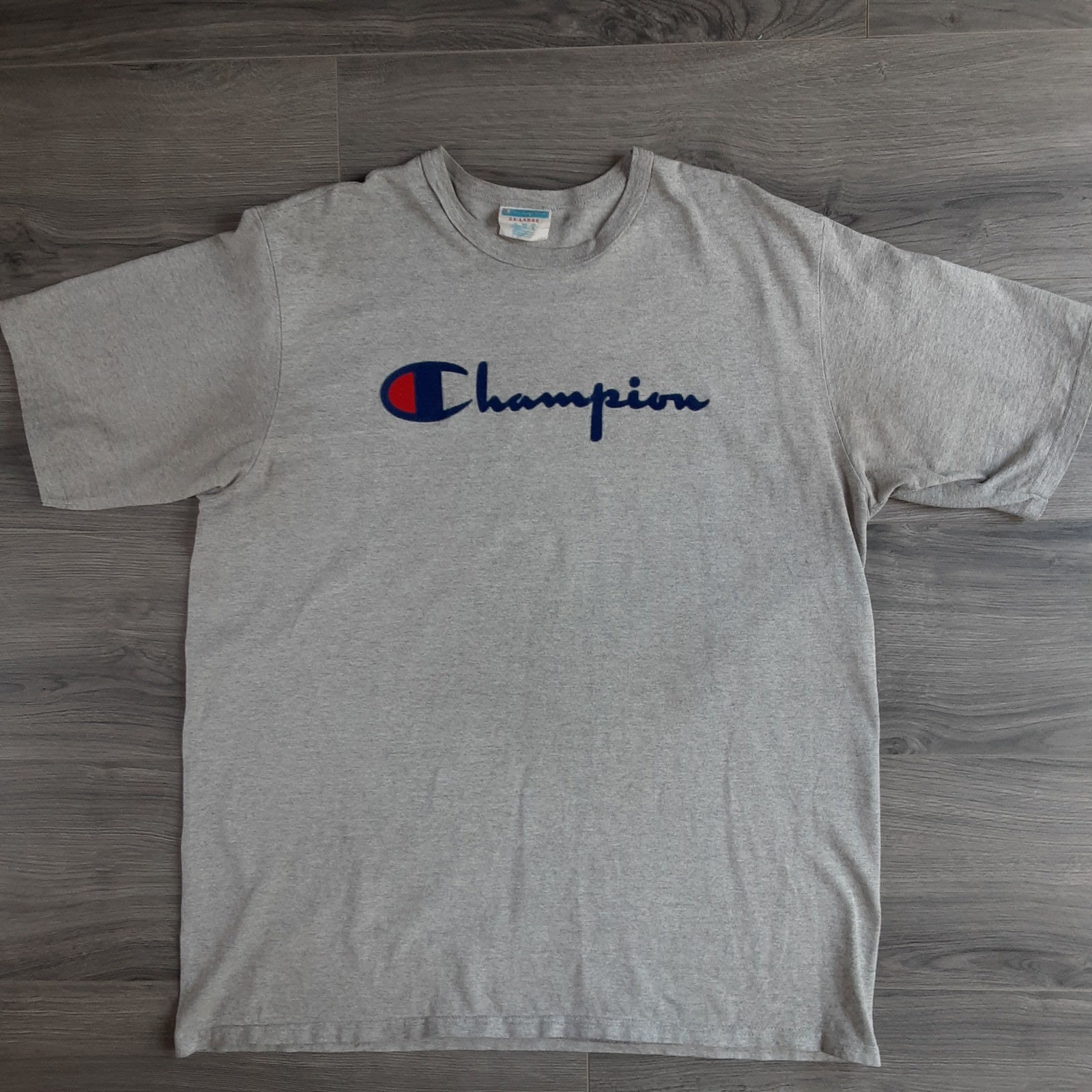 Champion Mens Heather Gray Script Logo Graphic T-Shirt 2XL GT19 Short Sleeve