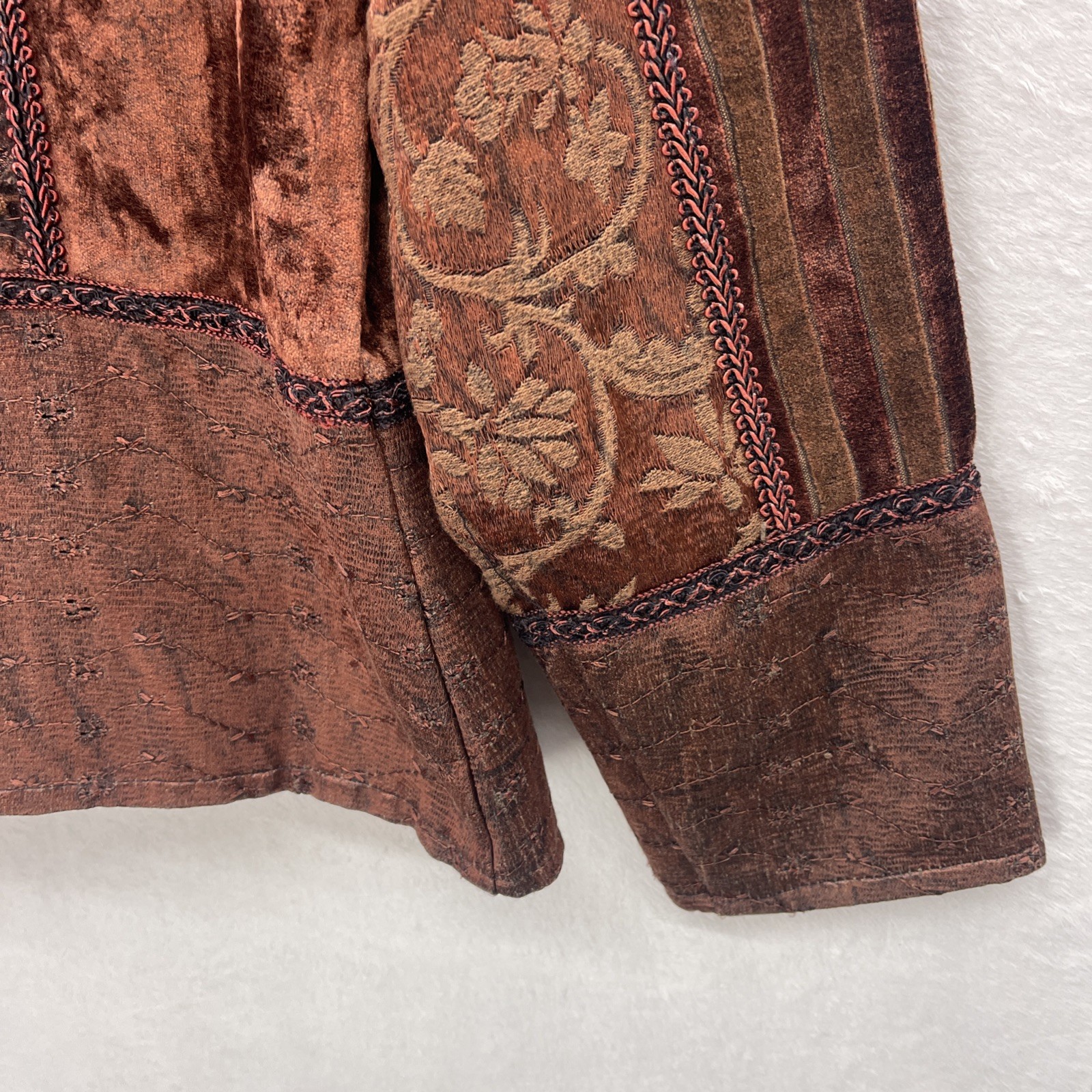 VTG FLASHBACK Brown Shabby Chic JACKET Crushed Velvet Peplum Boho Dark Goth Sz S