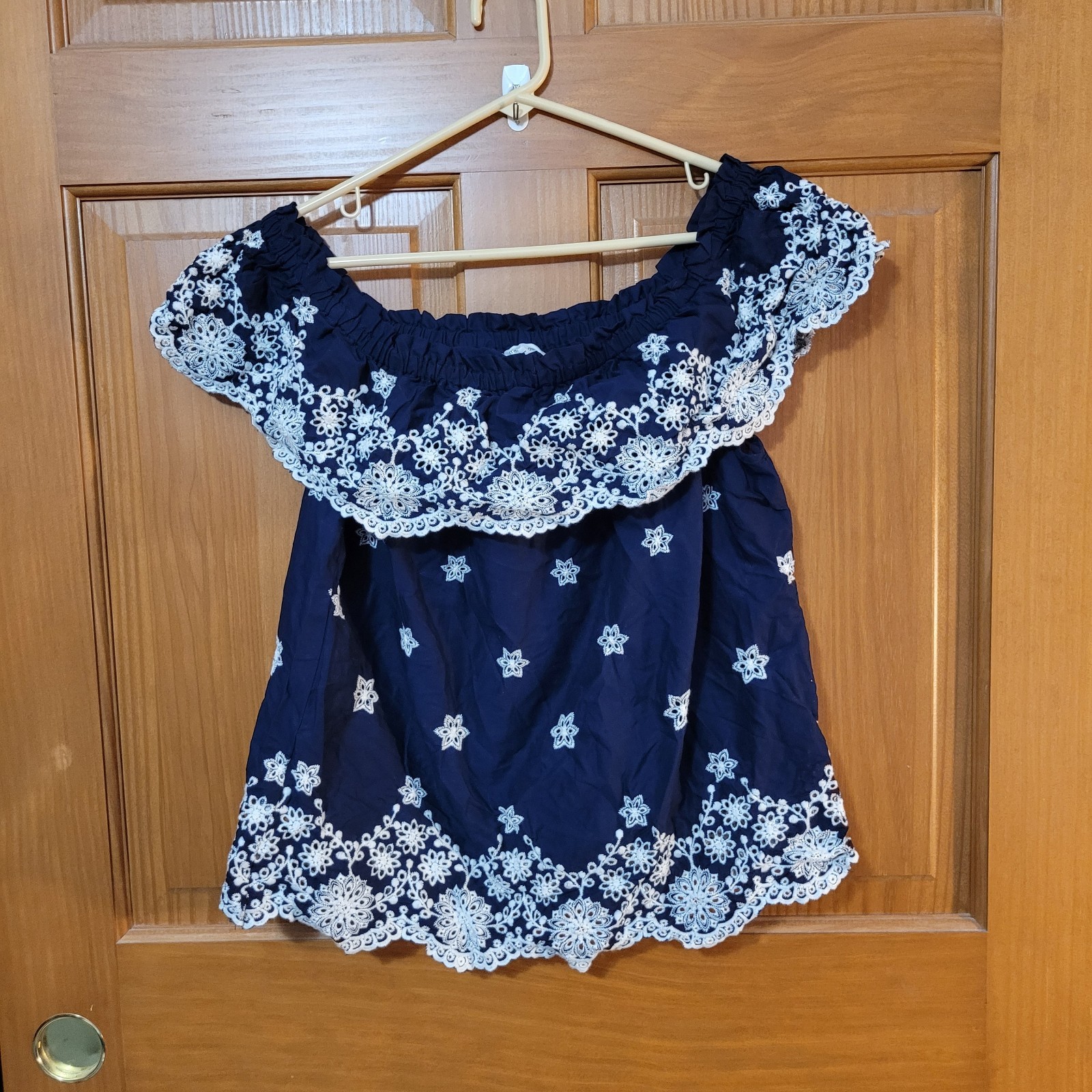 Maurices Embroidered Off-The-Shoulder Blouse Womens L Navy Floral Detail