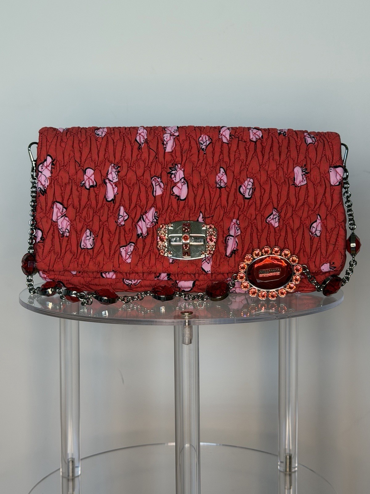 Miu Miu Red Quilted Clutch Floral Pattern Crystal Accents Chain Strap Magnetic