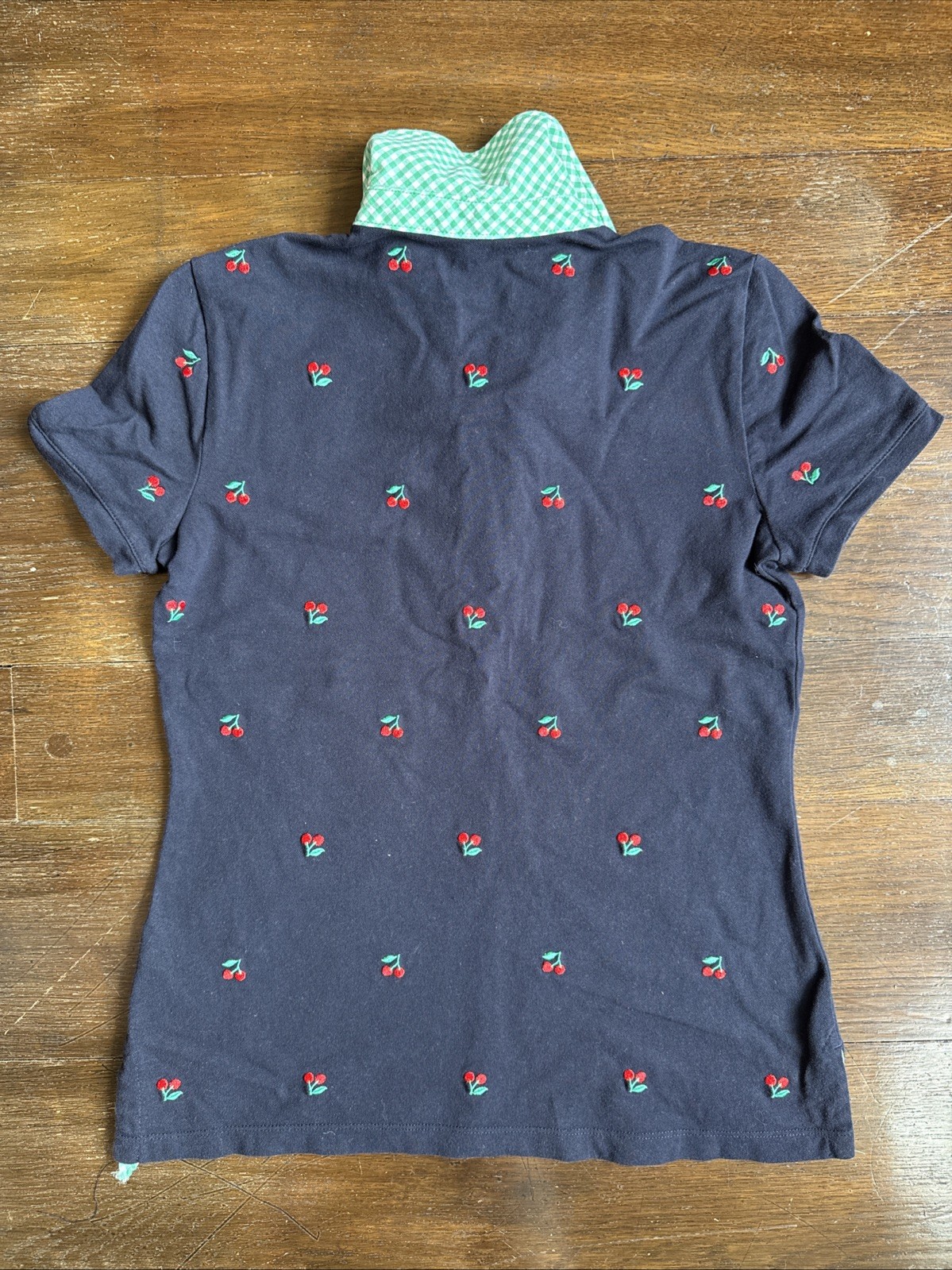 Talbots Navy Polo W/embroidered Cherries, Green Gingham Collar Accent, XS