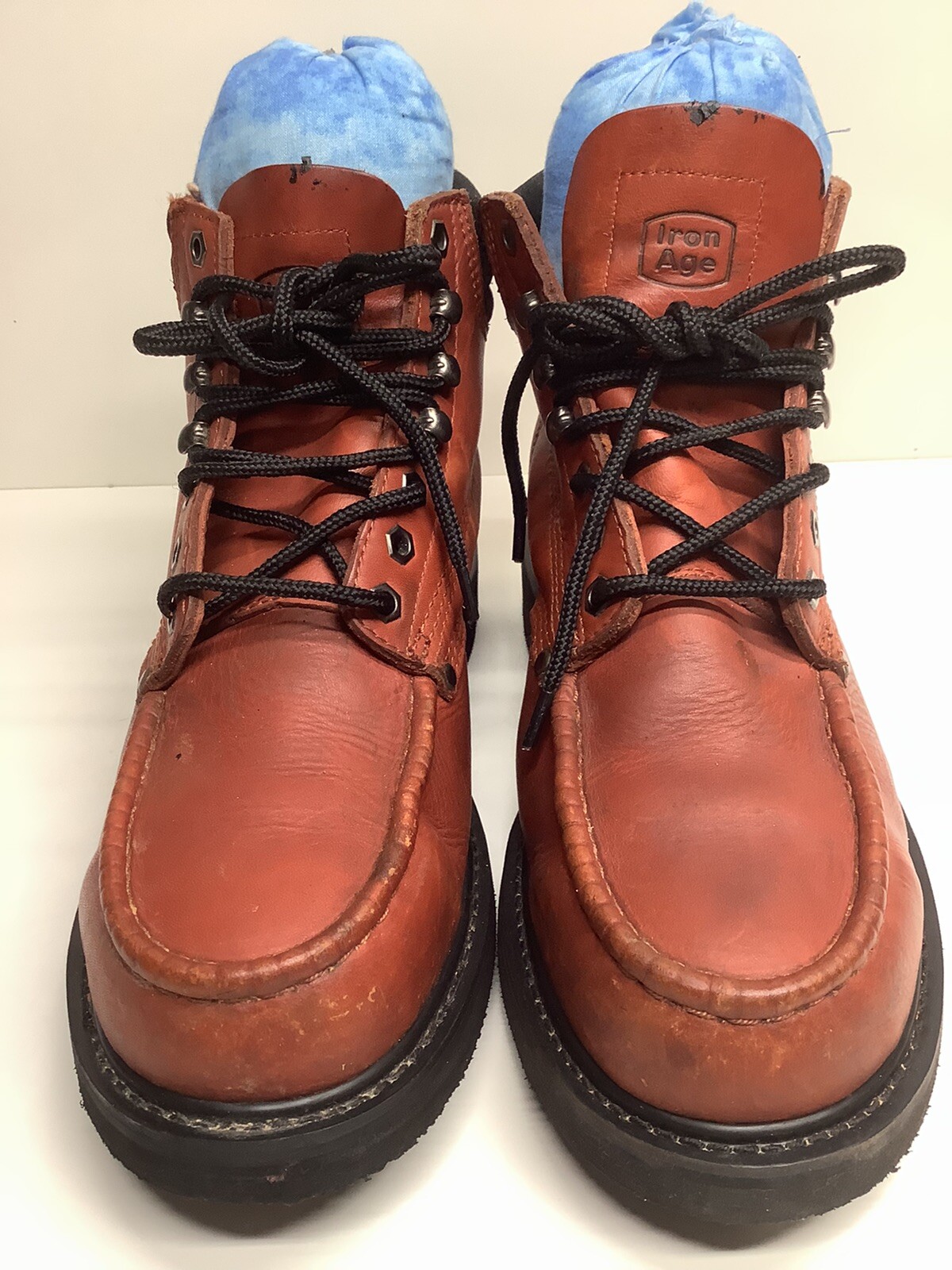 VTG MENS IRON AGE EH STEEL TOE MOCCASIN WORK ORANGE BRICK BOOTS SIZE 9.5 EE
